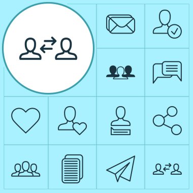 Kağıt Uçak, approv, paylaşım ve diğer toplum elemanları ile iletişim Icons set. İzole vektör çizim iletişim simgeler.