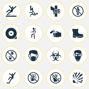 Emanet simgeler patlayıcı, elektrik çarpması tehlikesi, stop ve diğer yasak öğeleri ile ayarlayın. İzole vektör çizim Emanet simgeler.