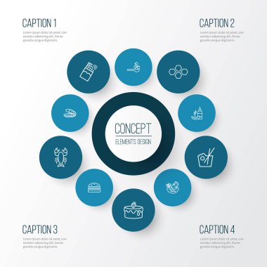 Beslenme simgeler stil ıstakoz, istiridye, meyve sepeti ve diğer sos öğeleri kümesi satır. İzole vektör çizim beslenme simgeler.