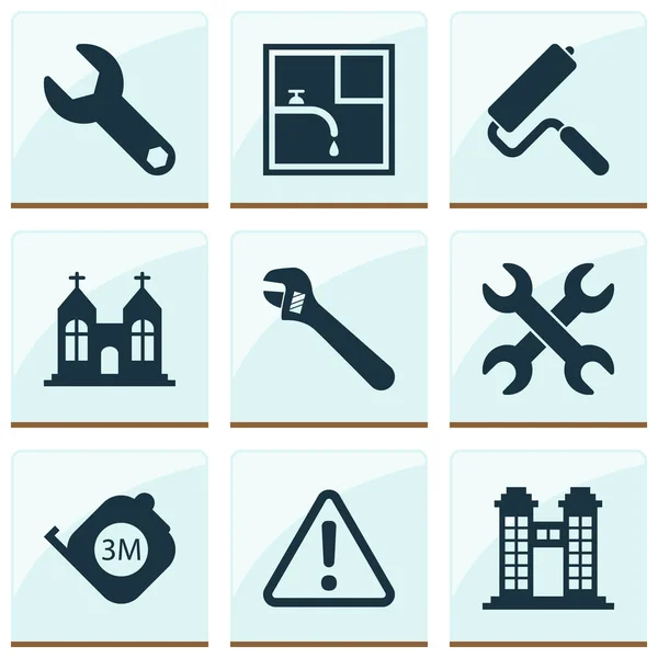 Industriella ikoner set med torn, uppsättning nycklar, skiftnyckel och andra kyrkliga element. Isolerade vektor illustration industriella ikoner. — Stock vektor