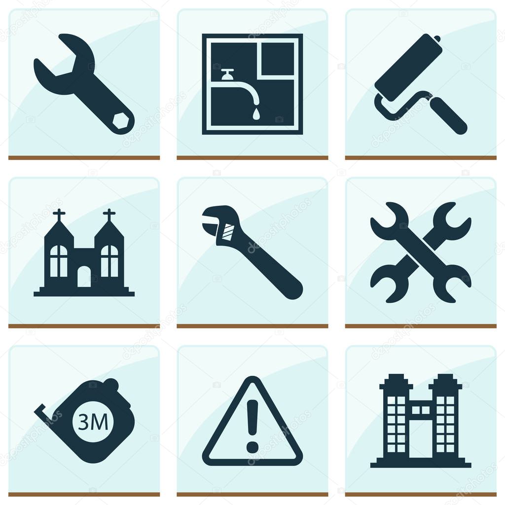 Industrial icons set with towers, set of keys, wrench and other church elements. Isolated vector illustration industrial icons.