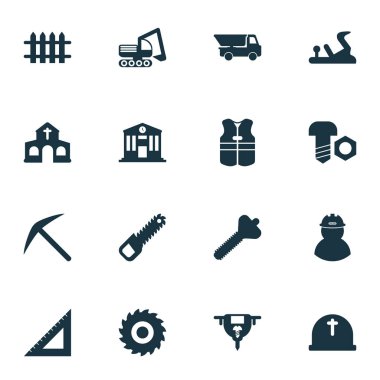Kesici, cıvata, kamyon ve diğer jointer öğeleri freze ile endüstriyel Icons set. İzole vektör çizim endüstriyel simgeler.