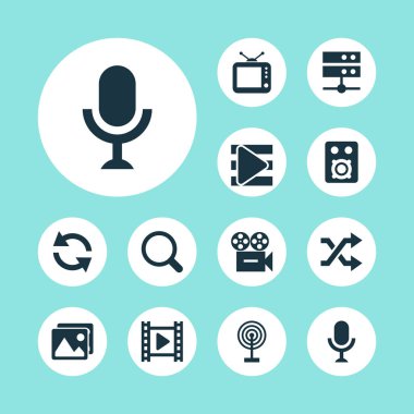 Multimedya Icons set ile eşitleme, arama, yayın ve diğer Büyüteç öğeleri ile. İzole vektör çizim multimedya simgeler.
