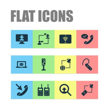 Telekomünikasyon Icons set ile konuşurken, internet, tablet wifi ve diğer yardım öğeleri ile. İzole vektör çizim telekomünikasyon simgeler.