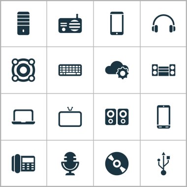 Elektronik simgeler ses sistemi, radyo, cloudtech ve diğer akıllı telefon öğeleri ile ayarlayın. İzole vektör çizim elektronik simgeler.