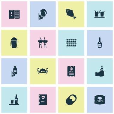Alkol Icons set ile balık, bira kask, konyak ve diğer votka şişe öğeleri ile. İzole vektör çizim alkol simgeler.