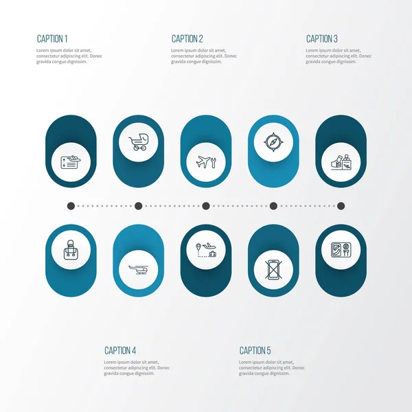 Utazás ikonok vonalstílus készlet nyilvántartási Bizottsága, légijármű-karbantartási, helikopter és egyéb stop smartphone elemek. Elszigetelt vektoros illusztráció utazás ikonok. — Stock Vector