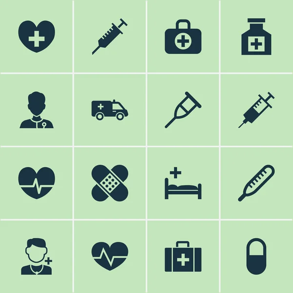Conjunto de iconos de medicamentos con corazón, jeringa, estante y otros elementos médicos. Iconos de drogas de ilustración vectorial aislado . — Vector de stock