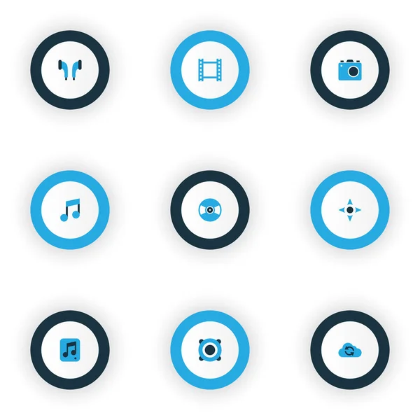 Media iconen set met video, gekleurde synchroniseren, vinyl en andere elementen van de wolk. Geïsoleerde vector illustratie media iconen. — Stockvector