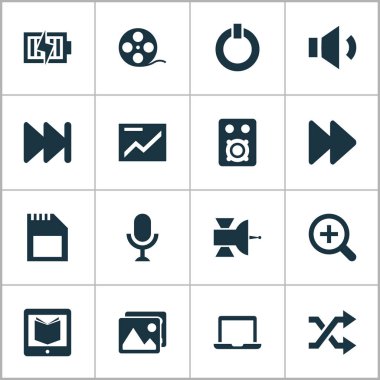 Multimedya simgeler uydu, mikrofon, shuffle ve ileri diğer öğeleri ile ayarlayın. İzole illüstrasyon multimedya simgeler.