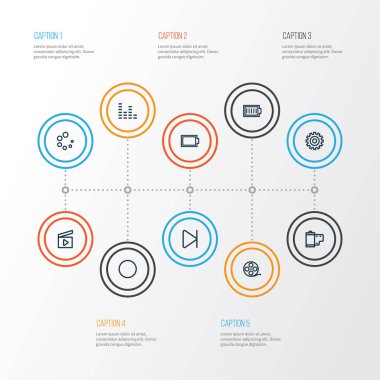 Müzik simgeleri stil ses mikseri, ayarı, yükleme ve diğer ekolayzer öğeleri kümesi satır. İzole illüstrasyon müzik simgeleri.