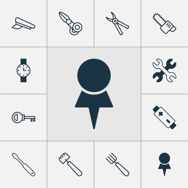 Enstrüman Icons set ile pilot şapkası, hedef, testere ve alkali diğer öğeleri ile. İzole illüstrasyon enstrüman simgeler.