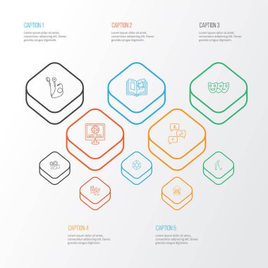 Yaşam tarzı simgeleri kulaklık, video yapma, Kütüphane ve diğer molekül öğeleri ile stil kümesi satır. İzole vektör çizim yaşam tarzı simgeleri.