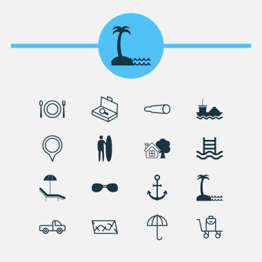 Turizm Icons set ile Restoran, deniz yer, pikap ve beslenme diğer öğeleri ile. İzole vektör çizim Turizm simgeler.