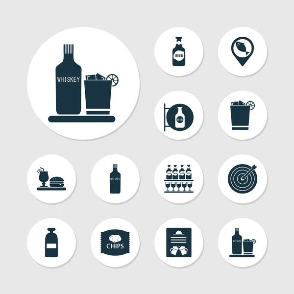 Drick ikoner set med menyn, Dart, geolocation och andra whisky element. Isolerade vektor illustration drink ikoner. — Stock vektor
