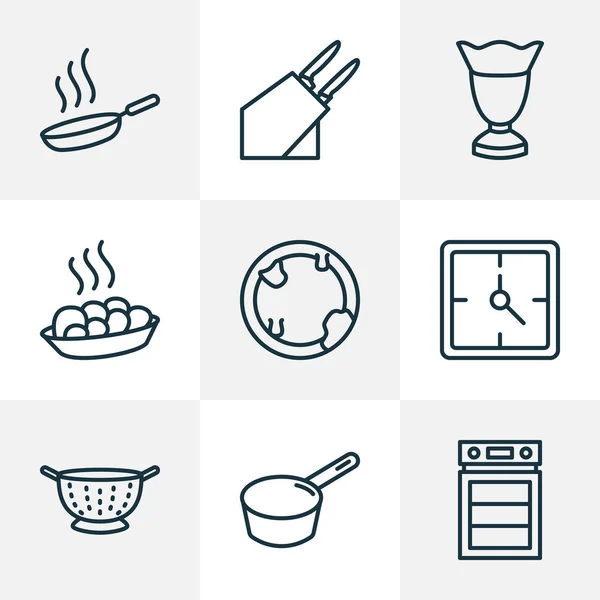Szakács ikonok vonalstílus pan mártással, forró serpenyőben, piszkos lemez és egyéb kések elemek. Elszigetelt vektoros illusztráció cook ikonok. — Stock Vector