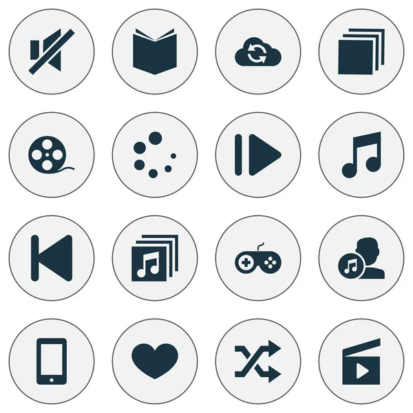 Media iconen set met shuffle, kunstenaars, synchroniseren en andere elementen van leren. Geïsoleerde vector illustratie media iconen. — Stockvector