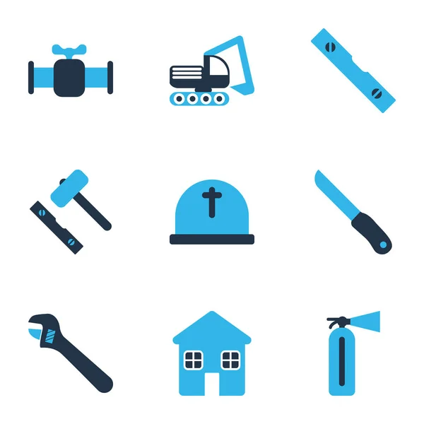 Építési ikonok szines digger jármű, a szóló, csempe, kés és egyéb otthoni szett. Elszigetelt vektoros illusztráció építési ikonok. — Stock Vector