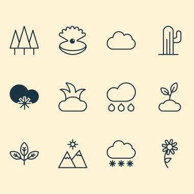 Ekoloji simgeler bulutlu, dağlar, çöl bitki ve ayçiçeği diğer öğeleri ile ayarlayın. İzole vektör çizim ekoloji simgeler.
