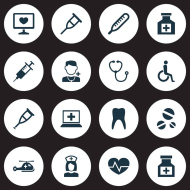 Antibiyotik Icons set ile dişler, termometre, uyuşturucu ve diğer enjeksiyon öğeleri ile. İzole vektör çizim antibiyotik simgeler.