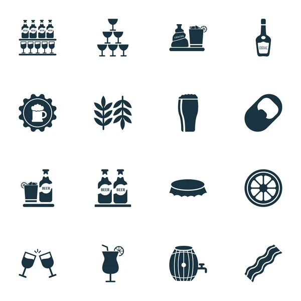 Drink icons set with bottle cap, opener, glasses and other pork elements. Isolated vector illustration drink icons. — Stock Vector