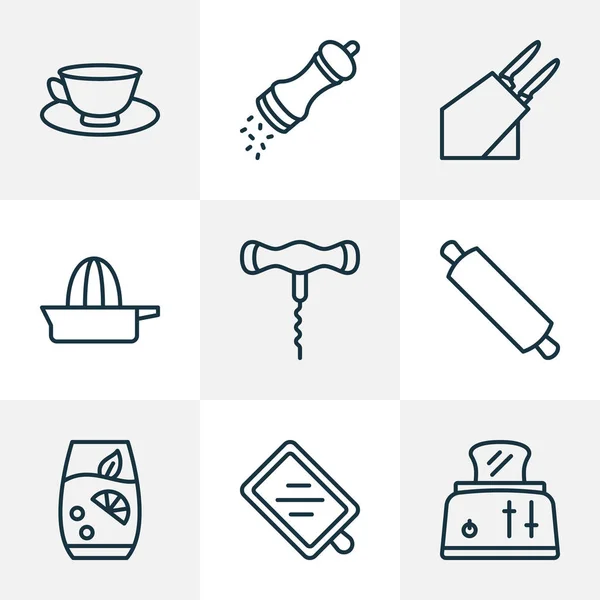 Gastronomi ikoner linje stil set med skärbräda, peppar kvarn, knivhållare och andra degen element. Isolerade vektor illustration gastronomi ikoner. — Stock vektor