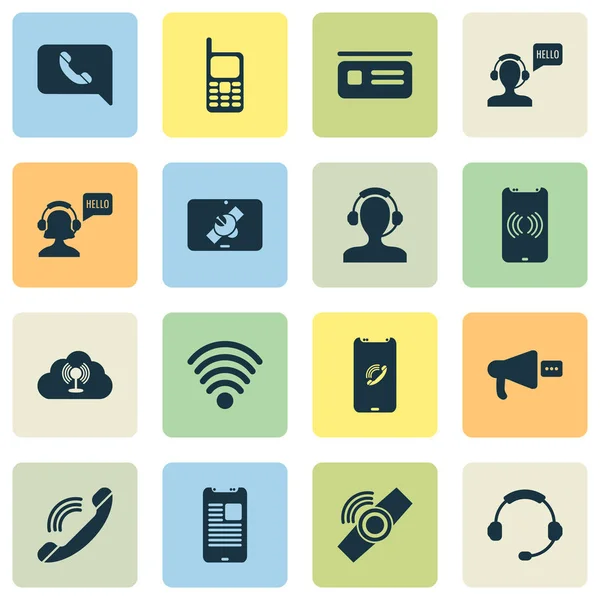 Connection icons set with tablet connection, horn, greeting male operator and other telephone elements. Isolated vector illustration connection icons. — Stock Vector