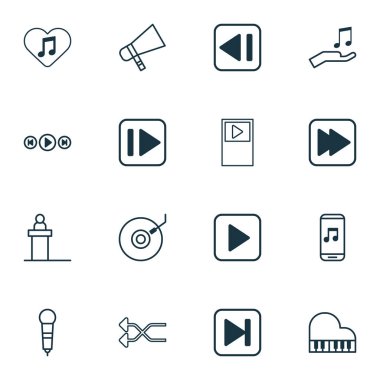 Piyano ile Multimedia Icons set, mike, önceki müzik ve diğer şarkı öğeleri atlamak. İzole illüstrasyon multimedya simgeler.