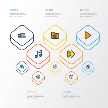 Müzik simgeleri ile müzik, hızlı Ayarla satır renkli ileri, Gadget'ı ve sonraki diğer öğeler. İzole illüstrasyon müzik simgeleri.