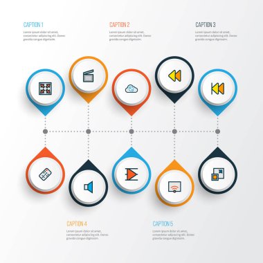 Kumandayla, çalma listesi, Ayarla satır renkli multimedya simgeleri büyütmek ve diğer Klaket öğeleri. İzole illüstrasyon multimedya simgeler.