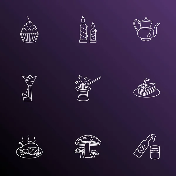 Festival Icons Linie Stil-Set mit Origami, gekochtem Truthahn, Pilzen und anderen Paraffin-Elemente. Ikonen des Illustrationsfestivals. — Stockfoto