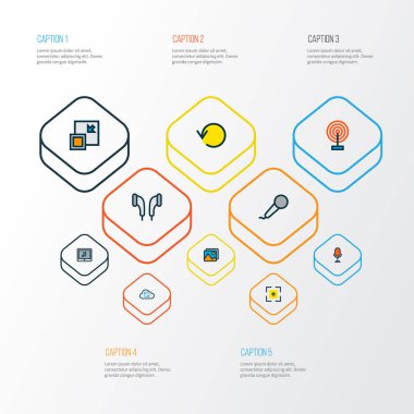 Medya Simgeler resim, karaoke, tam ekran ve diğer Galeri öğeleri ile Ayarla satır renkli. İzole vektör çizim medya simgeler.