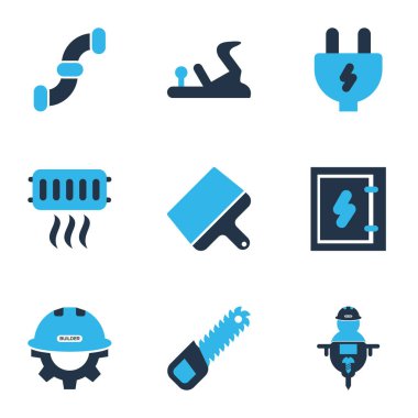 Sanayi simgeler kümesi adamla matkap, Oluşturucu, Isıtma ve diğer işçi öğeleri ile renkli. İzole vektör çizim sanayi simgeleri.