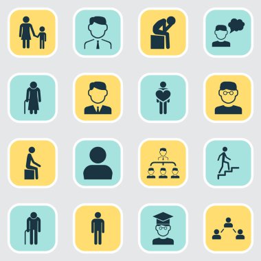 İnsanlar Icons set depresyon, Büyükanne, akıllı bir adam avatar öğeleri ile. İzole illüstrasyon insanlar simgeler.