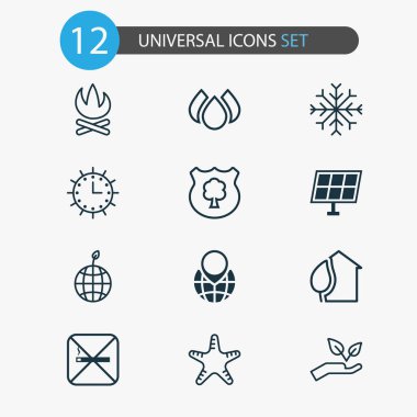 Çevre dostu simgeleri ile ayarla doğa, deniz yıldızı, Güneş saati ve aqua diğer öğeleri korumak. İzole illüstrasyon çevre dostu simgeleri.