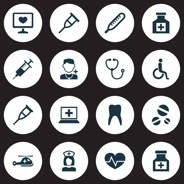 Uyuşturucu Icons set ile dişler, termometre, uyuşturucu ve diğer enjeksiyon öğeleri ile. İzole illüstrasyon uyuşturucu simgeler.
