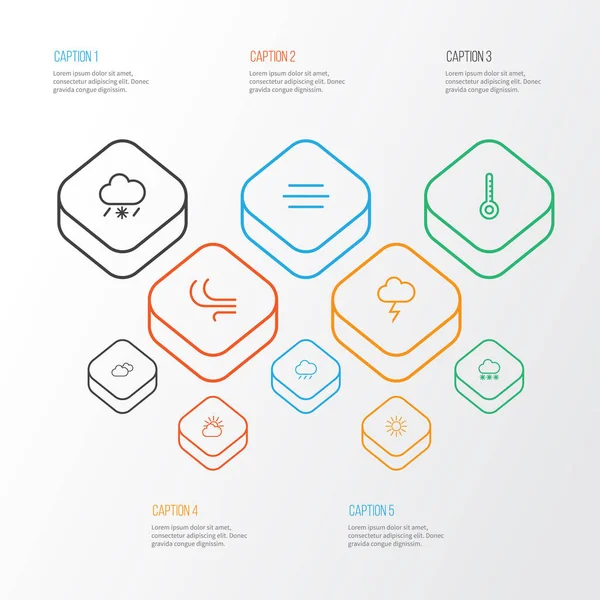 İklim simgeler stil esinti, bulutlu gökyüzü, yıldırım ve bulutlu diğer öğeleri kümesi satır. İzole vektör çizim iklim simgeler.