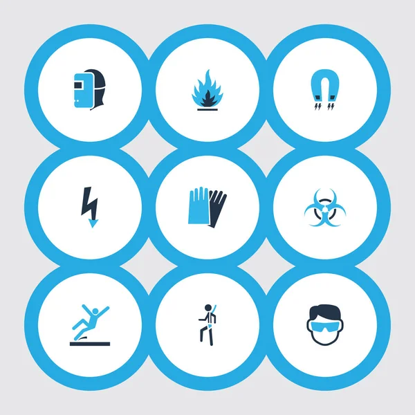 Simgeler renkli set el koruması, elektrik tehlikesi, maske elektromanyetik öğeleri kaynak ile oturum açın. İzole vektör illüstrasyon işareti simgeleri.
