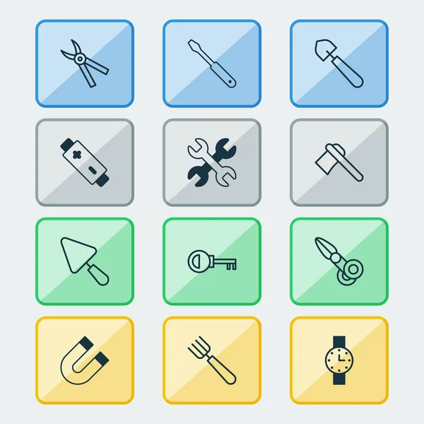 Инструменты иконки с вилами, аккумулятором, лопатой и другими элементами гаечного ключа. Изолированные векторные иконки . — стоковый вектор