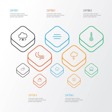 Hava simgeleri stil esinti, bulutlu gökyüzü, yıldırım ve bulutlu diğer öğeleri kümesi satır. İzole illüstrasyon Hava durumu simgeleri.