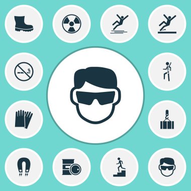 Koruma Icons set önyükleme, kaygan alan, el koruma radyasyon elemanları ile. İzole vektör illüstrasyon koruma simgeler.