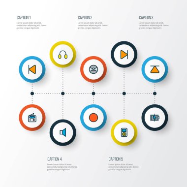 Medya simgeleri renkli çizgi kaydı, geriye dönük, end ve diğer kulaklık öğeleri ile ayarla. İzole vektör çizim medya simgeler.
