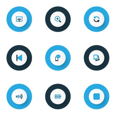 Medya Icons set ses açma, Büyüteç, stop ve diğer albüm öğeleri ile renkli. İzole vektör çizim medya simgeler.