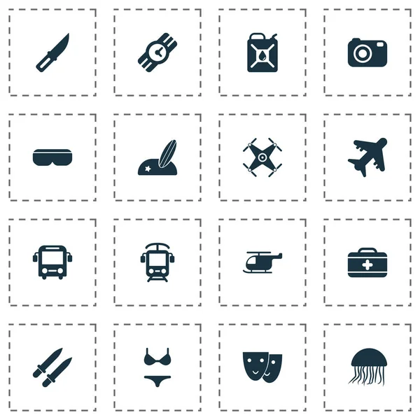 Reisesymbole mit Strand mit Brandung, Hubschrauber, Quallen und anderen Medusa-Elementen. isolierte Vektor Illustration Reise-Symbole. — Stockvektor