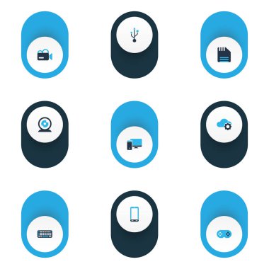 Teknoloji simgeler kümesi ile yumuşak ve sarkık yuvarlak yüzey, klavye, bilgisayar ve diğer bulut teknoloji öğeleri renkli. İzole illüstrasyon teknoloji simgeleri.