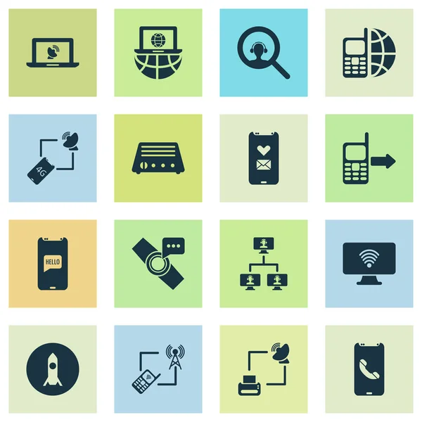 Connection icons set with satellite with printer, love message, radio and other magnifier elements. Isolated  illustration connection icons.