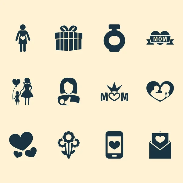 Концепция дизайна значка Дня матери. Набор из 12 таких элементов, как смартфон, конверт и дама. Для сердца, матери и любви . — стоковый вектор