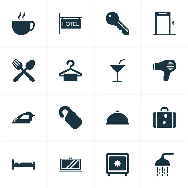 Conjunto de iconos turísticos con elementos clave, comida, televisión y otros electrodomésticos. Iconos de turismo de ilustración vectorial aislado . — Archivo Imágenes Vectoriales