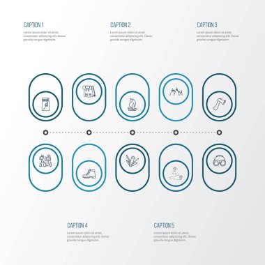 Tatil simgeler stil sırt çantası, dağlar, orman ve diğer çakı öğeleri kümesi satır. İzole illüstrasyon tatil simgeler.