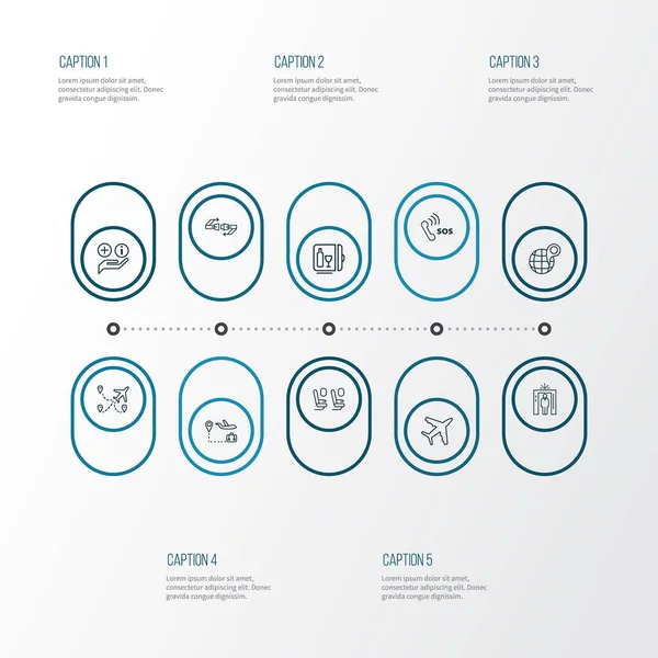 Iconos de viaje conjunto de estilo de línea con cinturón de seguridad, seguridad en el aeropuerto, minibar y otros elementos turísticos. Iconos de viaje de ilustración aislada . — Foto de Stock